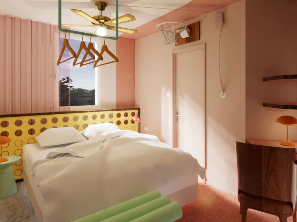 Chambre POP lit double, avec décoration vintage et de style provençale