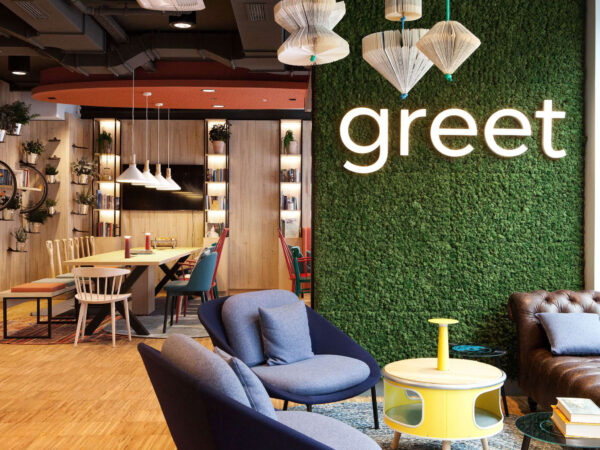 Réception du Greet hôtel Vienna city North. Fournitures upcyclés, et tourisme responsable